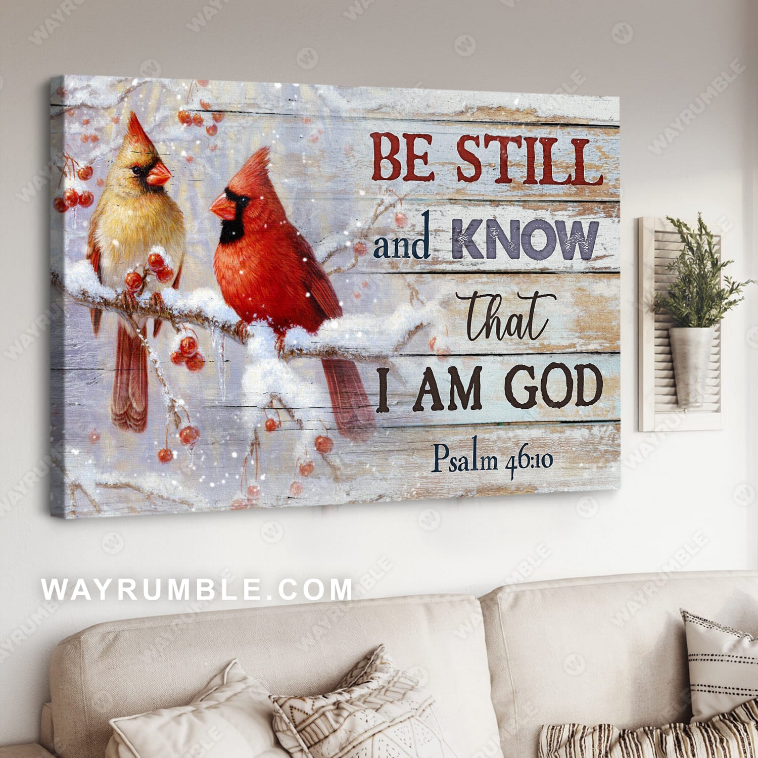 Cardinal, Winter painting, Be still and know that I am God - Jesus Landscape Canvas Prints, Christian Wall Art
