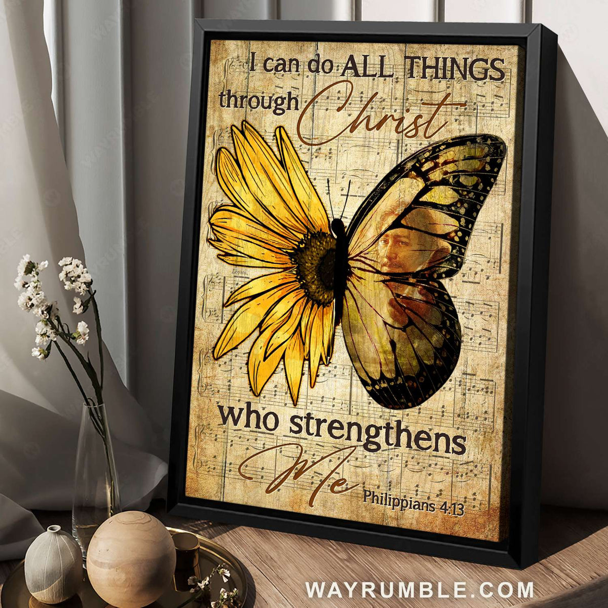Butterfly wings, Sunflower pattern, Jesus help me, I can do all things - Jesus Portrait Canvas Prints, Christian Wall Art