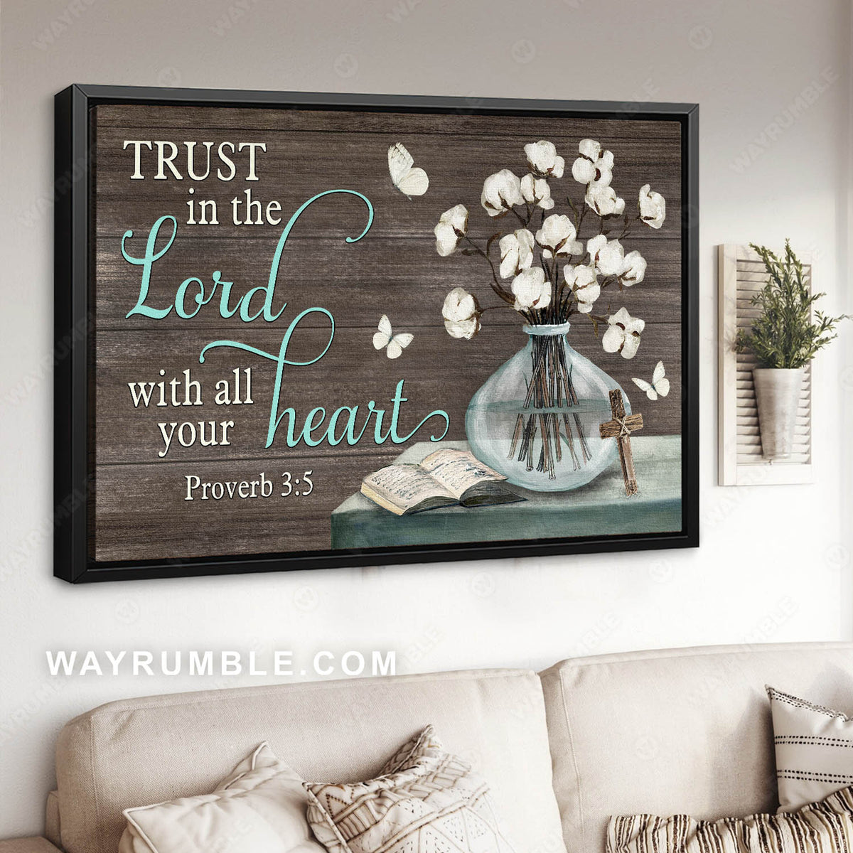 Cotton flower, The bible and the cross, Trust in the Lord with all your heart - Jesus Landscape Canvas Prints, Christian Wall Art