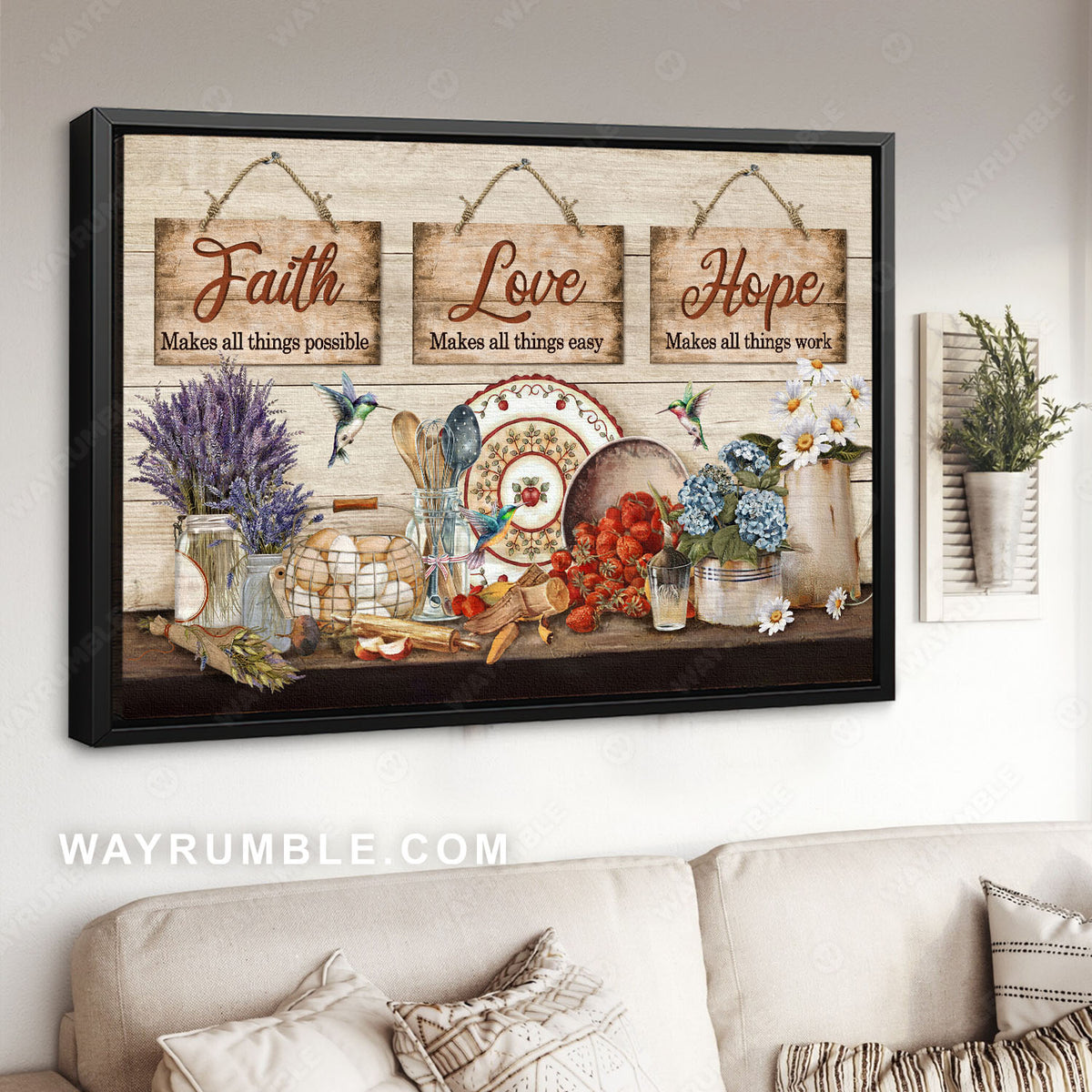 Kitchen painting, Hydrangea, Lavender, Hummingbird, Faith, Love, Hope - Jesus Landscape Canvas Prints, Christian Wall Art