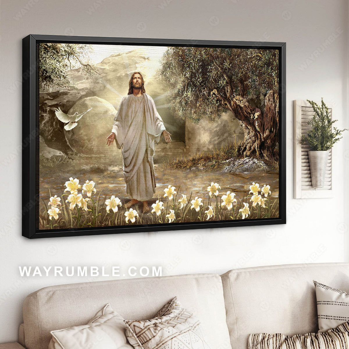 Jesus painting, Dove of peace, Meadow landscape, A new day has come - Jesus Landscape Canvas Prints, Christian Wall Art