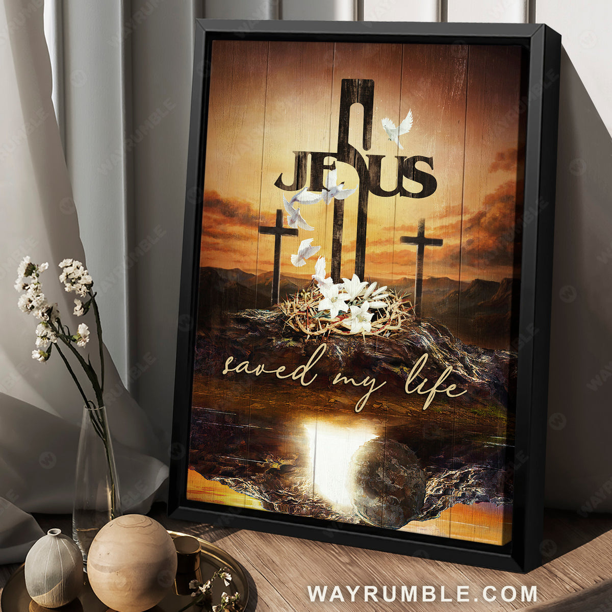 Cross symbol, Crown of thorns, White lily, White dove, Jesus saved my life - Jesus Portrait Canvas Prints, Christian Wall Art