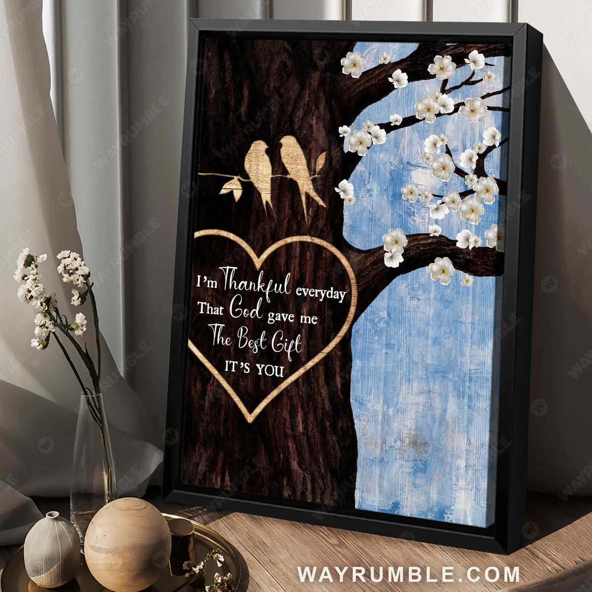 White cherry blossom, Bird couple, I&#39;m thankful everyday That God gave me you - Couple Portrait Canvas Prints, Wall Art