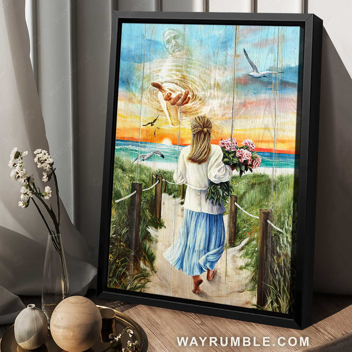 Jesus hand, Beautiful girl painting, Sunset on the beach - Jesus Portrait Canvas Prints, Christian Wall Art 