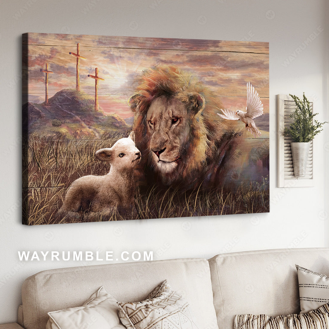Meadow landscape, Lion of Judah, Lambs of God, A peaceful day of the lion and the lamb - Jesus Landscape Canvas Prints, Christian Wall Art