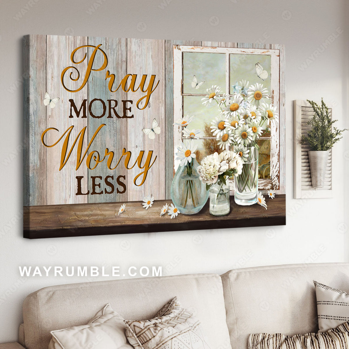 Daisy Flower, White butterfly, Window frame, Pray more, Worry less  - Jesus Landscape Canvas Prints, Christian Wall Art