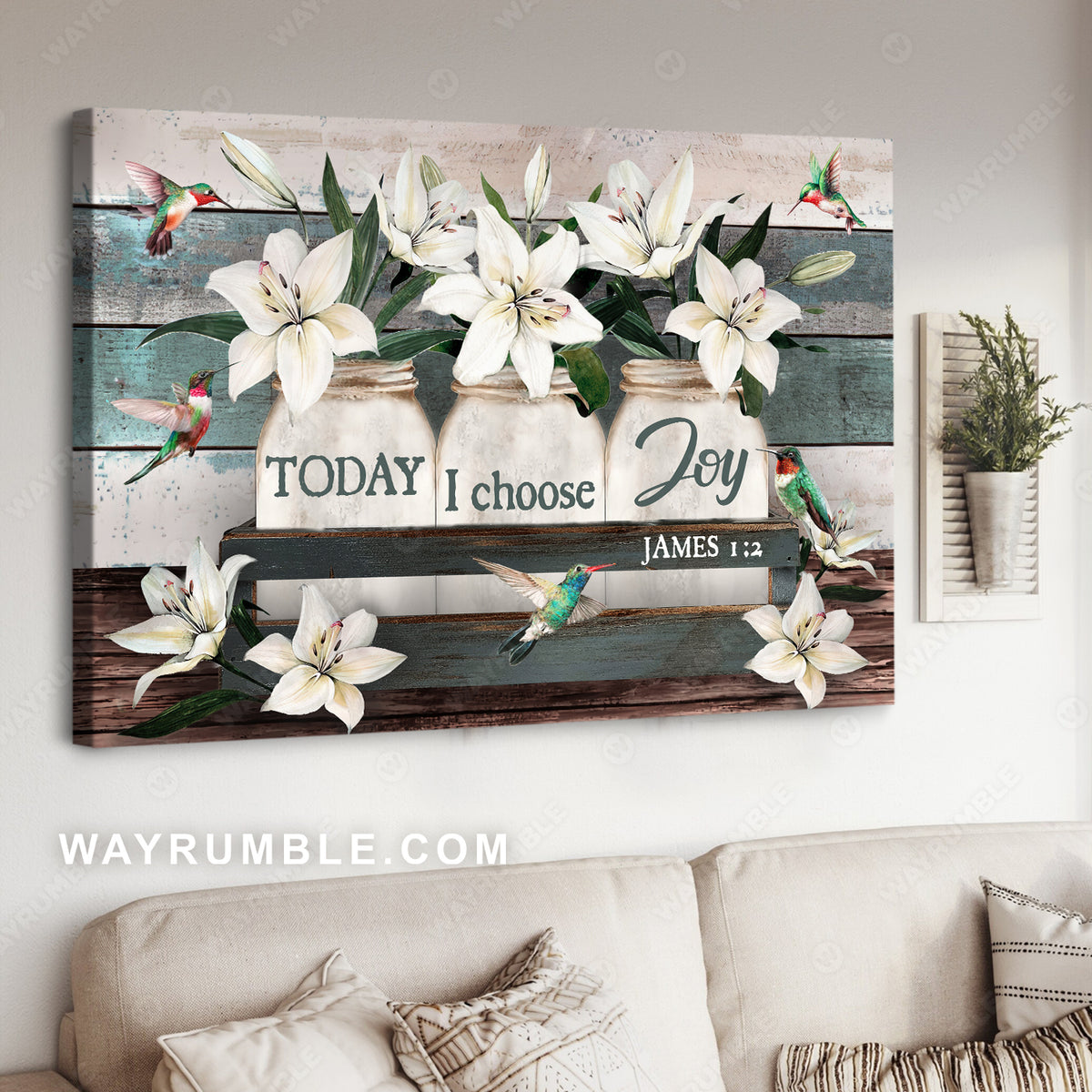 Lily flower, Mason jar, Hummingbird, Today I choose joy - Jesus Landscape Canvas Prints, Christian Wall Art