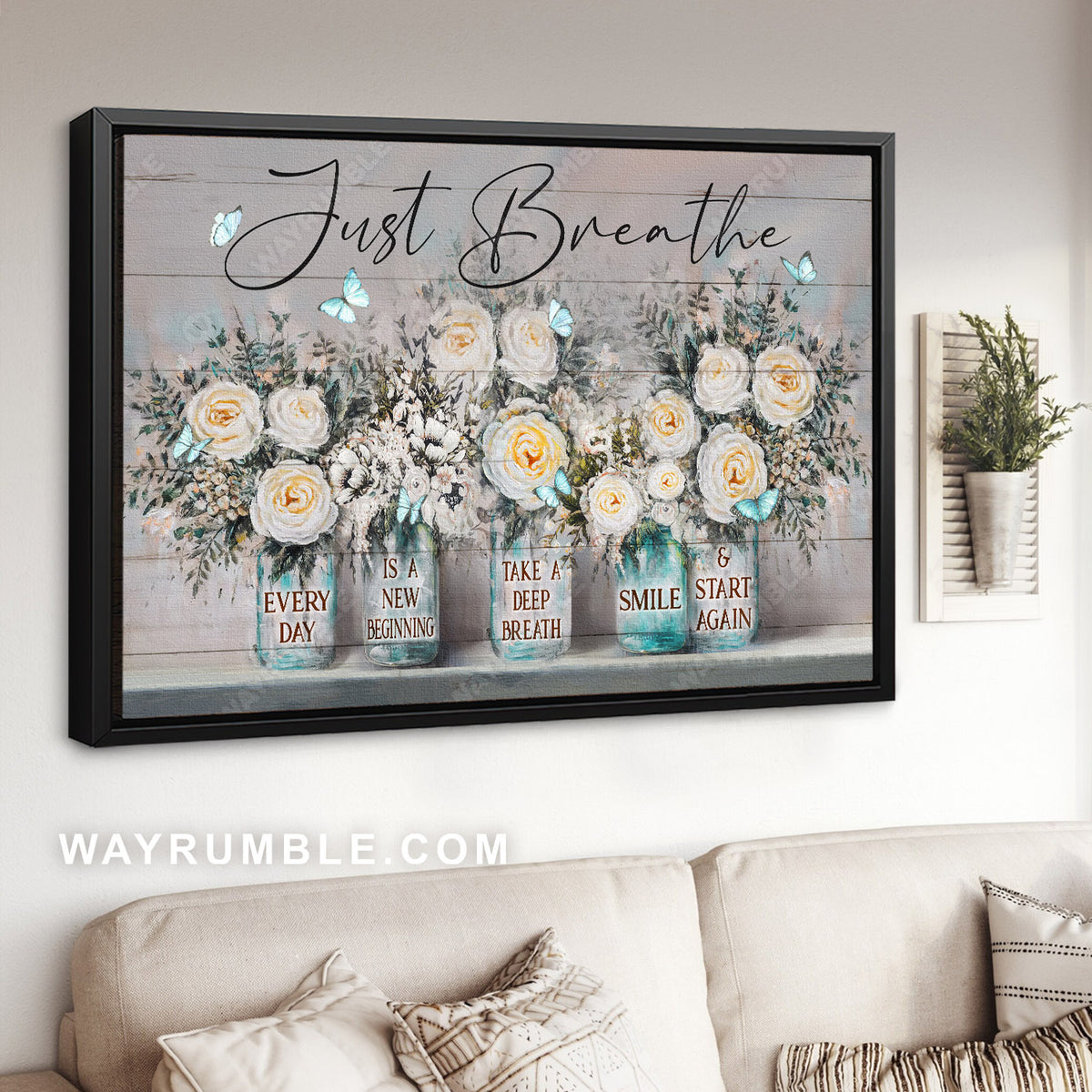 Flowers painting, White rose, Glass jars, Just breathe - Jesus Landscape Canvas Prints, Christian Wall Art