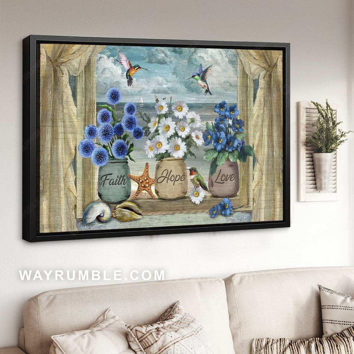 Dandelion plant, White daisy, Blue flax, Window scarf, Faith hope love - Jesus Landscape Canvas Prints, Christian Wall Art