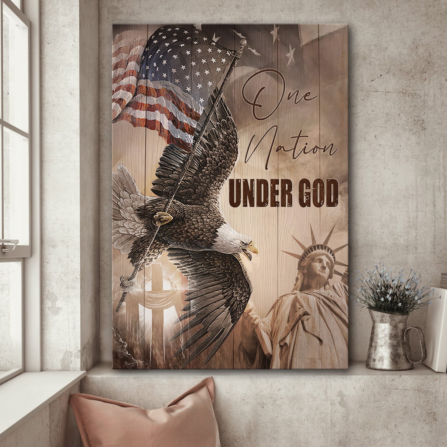 Statue of Liberty, Eagle, US Flag, One nation under God - Jesus Portrait Canvas Prints, Wall Art