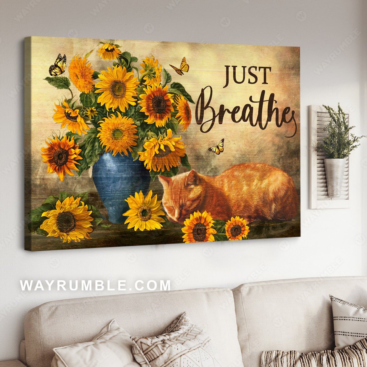 Sunflower vase, Sleeping cat, Still life painting, Just breath - Jesus Landscape Canvas Prints, Christian Wall Art