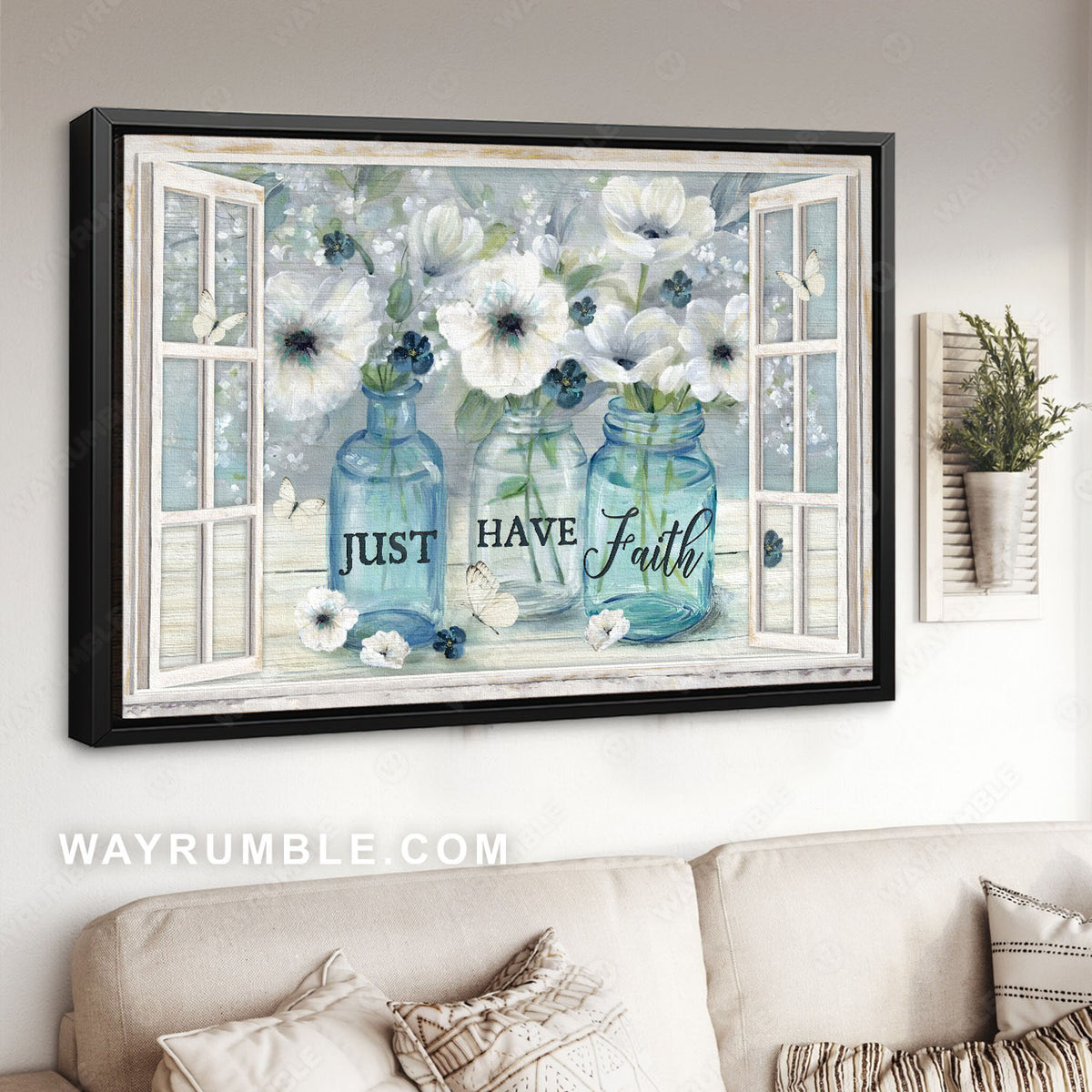 White anemone, Crystal jar, White window, Just have faith - Jesus Landscape Canvas Prints, Christian Wall Art