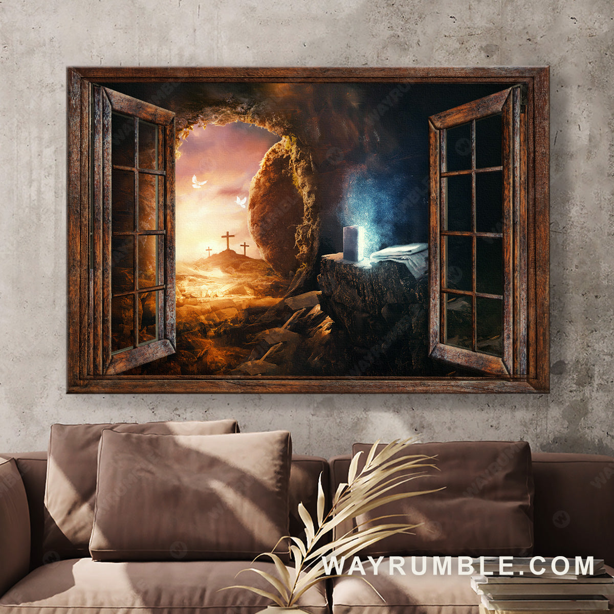 Cave painting, Mountain landscape, The rugged Cross and the holy Bible - Jesus Landscape Canvas Prints, Christian Wall Art