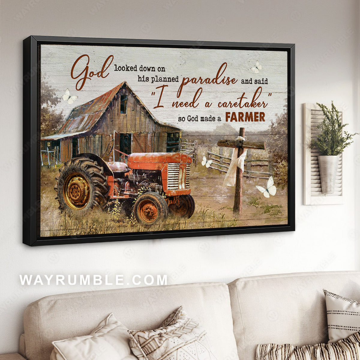 Farm tractor, Old farmhouse, Wooden cross, God made a farmer - Jesus Landscape Canvas Prints, Christian Wall Art