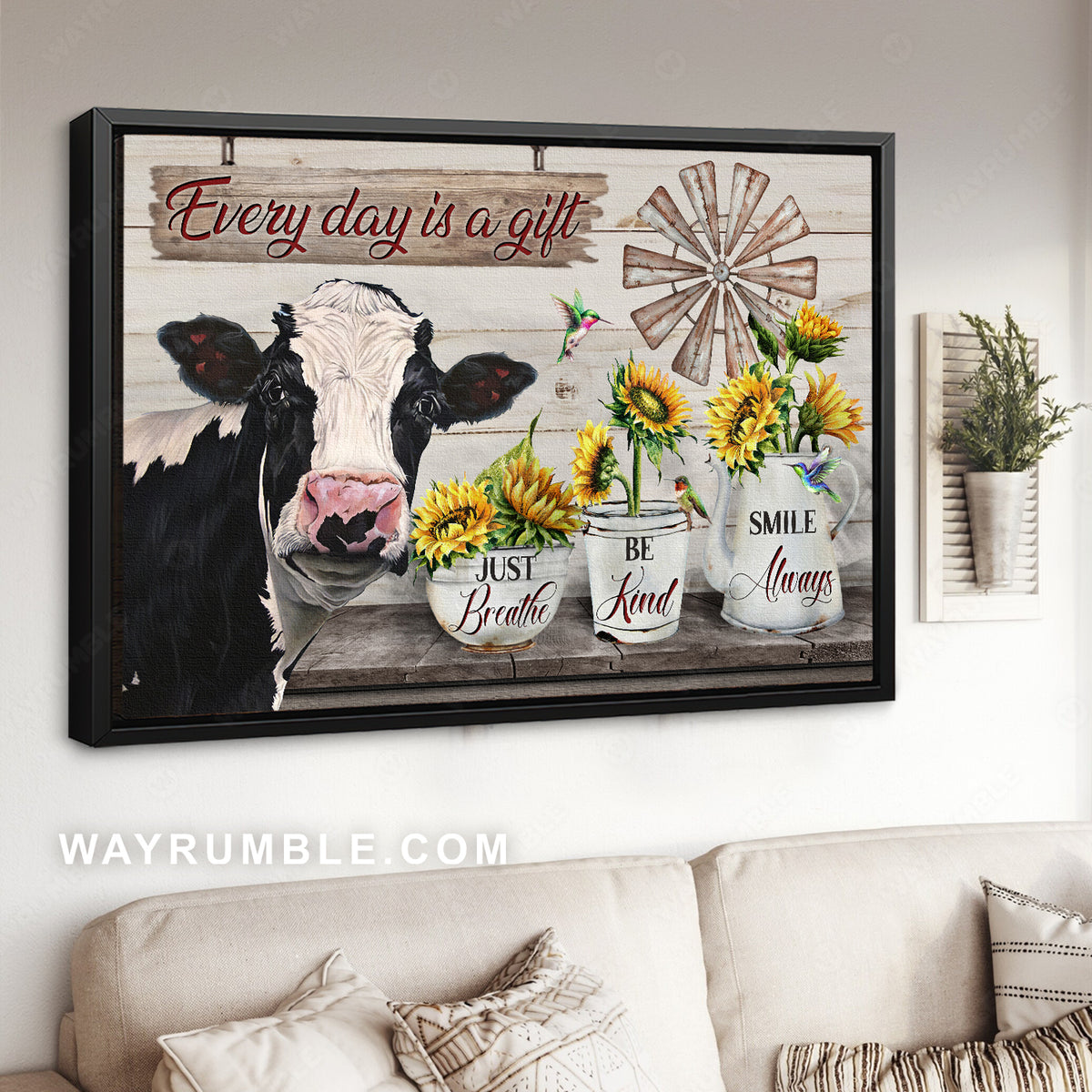 Dairy cow, Sunflower vase, Green hummingbird, Every day is a gift - Jesus Landscape Canvas Prints, Christian Wall Art