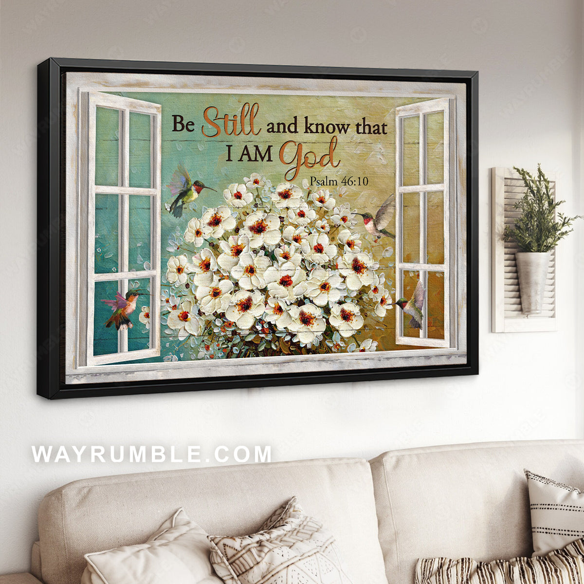 White flower, Japanese anemone, Flying hummingbirds, Be still I am God - Jesus Landscape Canvas Prints, Christian Wall Art