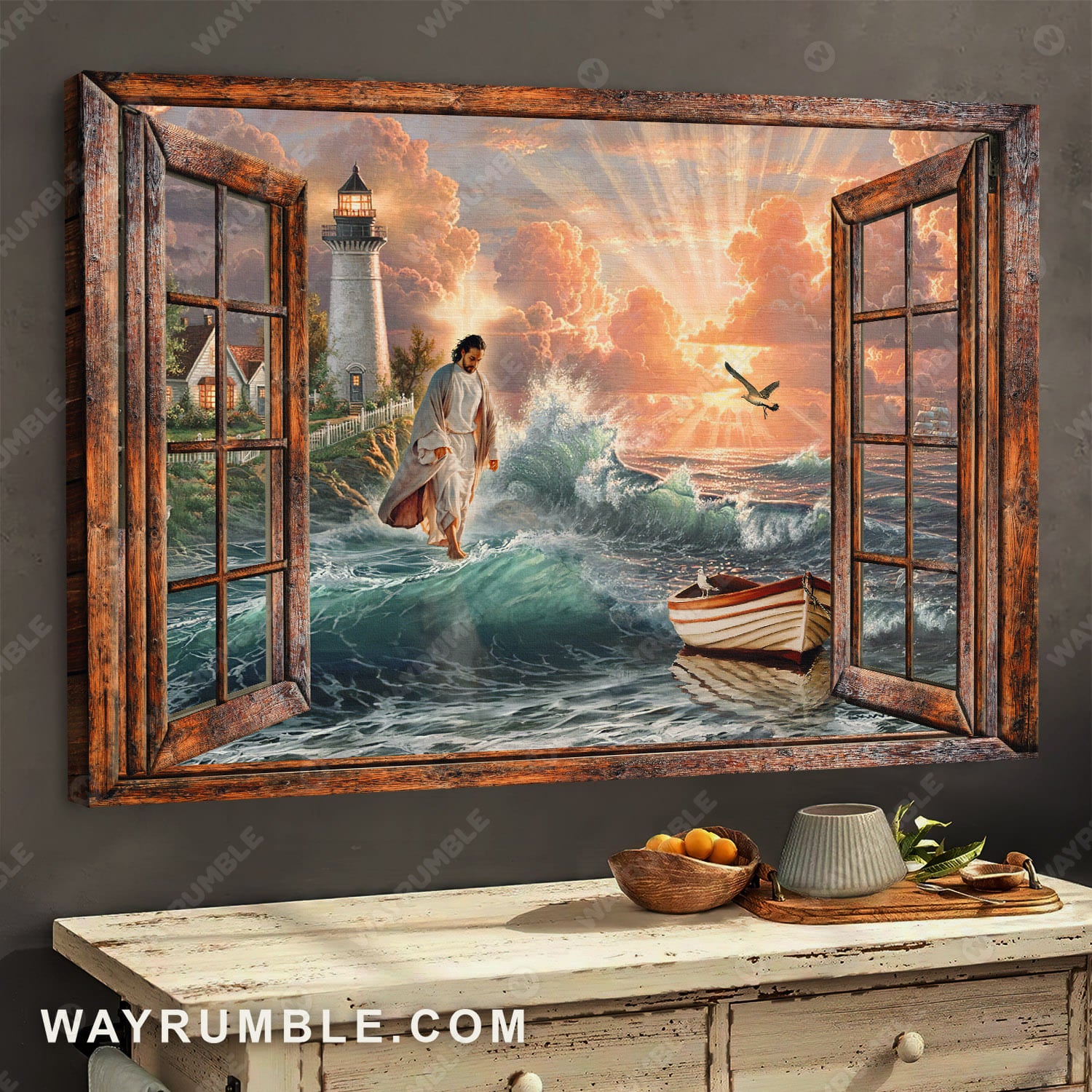 Jesus walks on water, Lighthouse on the cliff, When the sun rises - Jesus Landscape Canvas Prints, Wall Art