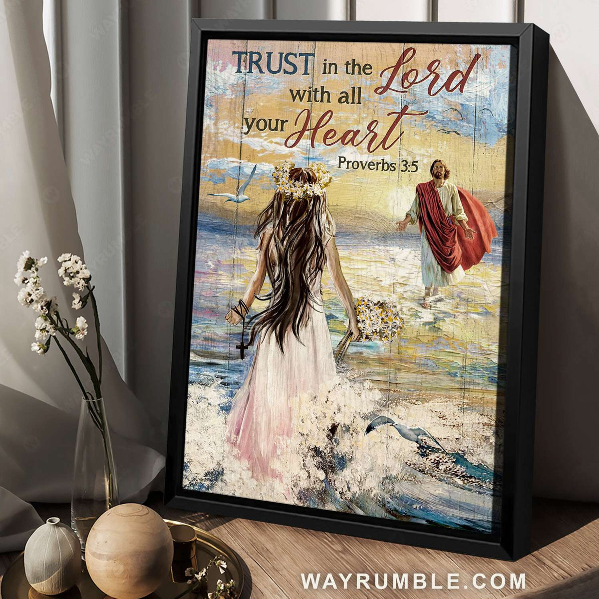 Jesus calls, Beautiful girl, Flower crown, Ocean waves, Trust in the Lord - Jesus Portrait Canvas Prints, Christian Wall Art
