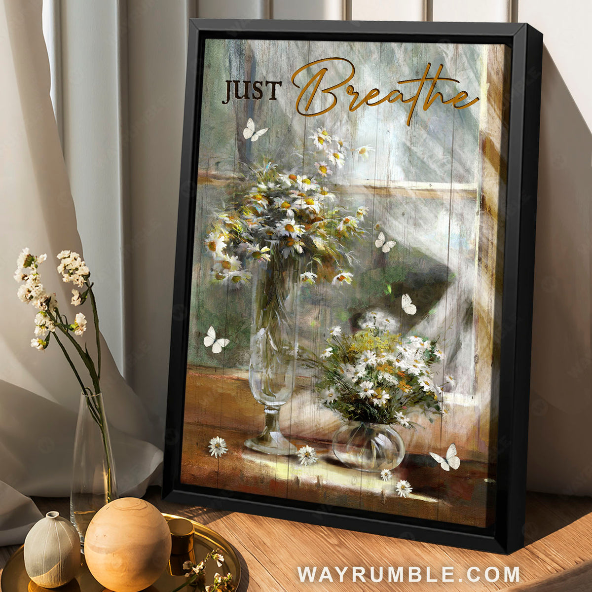 Daisy flowers, Glass vase, Window scarf, Just breathe - Jesus Portrait Canvas Prints, Christian Wall Art