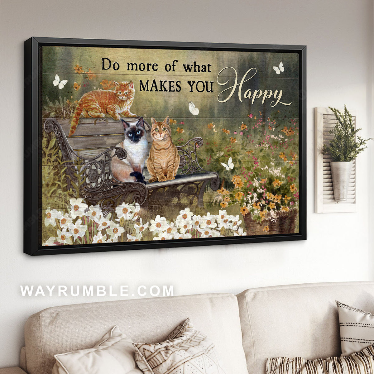Siamese cat, Tabby cat, Flower garden, Park chair, Do more of what makes you happy - Jesus Landscape Canvas Prints, Christian Wall Art