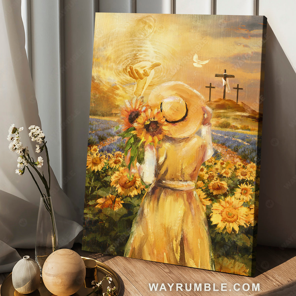 Beautiful girl, Sunflower field, Jesus hand, Cross symbol - Jesus Portrait Canvas Prints, Christian Wall Art