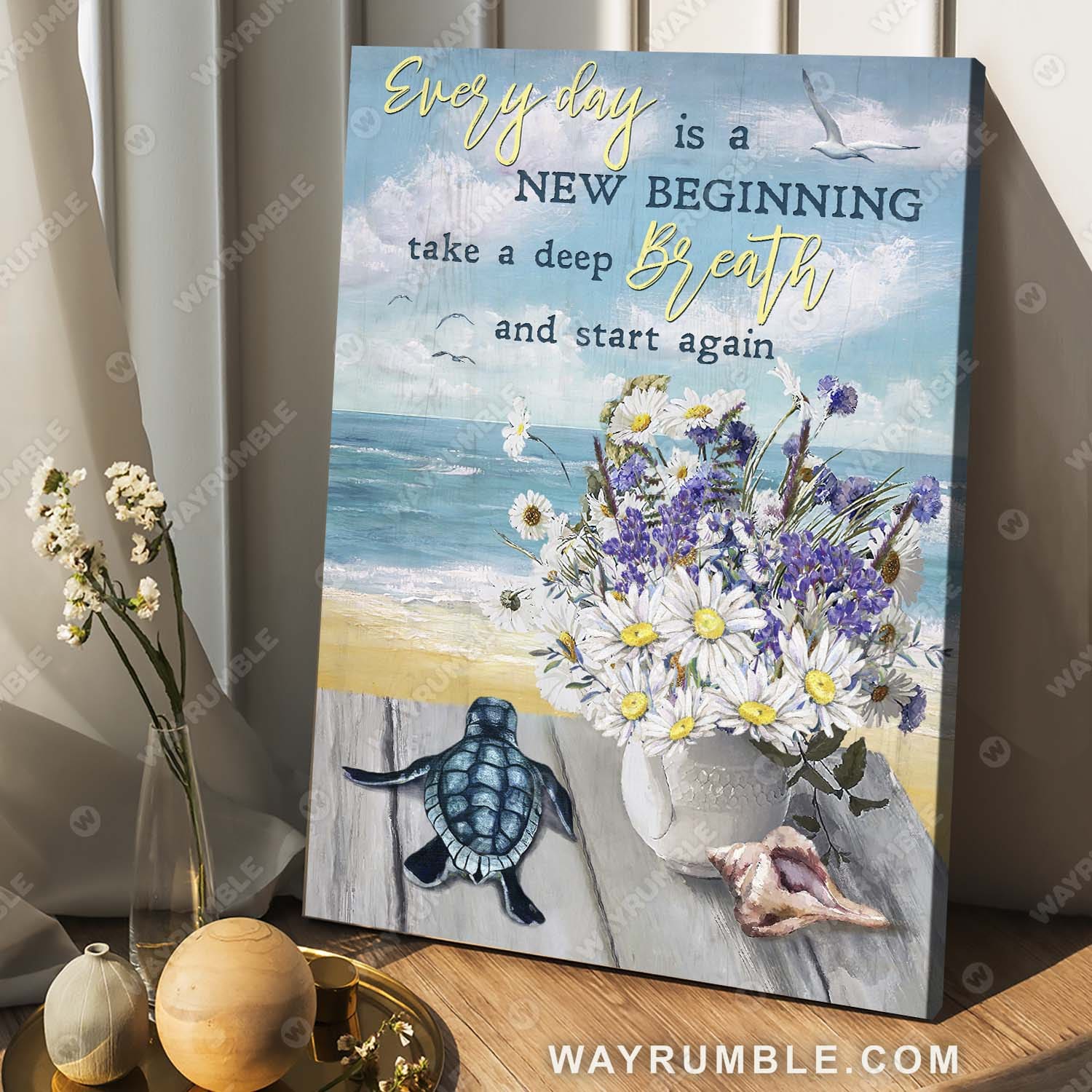 Sea turtle, Daisy vase, On the beautiful beach, Everyday is a new beginning - Jesus Portrait Canvas Prints, Wall Art