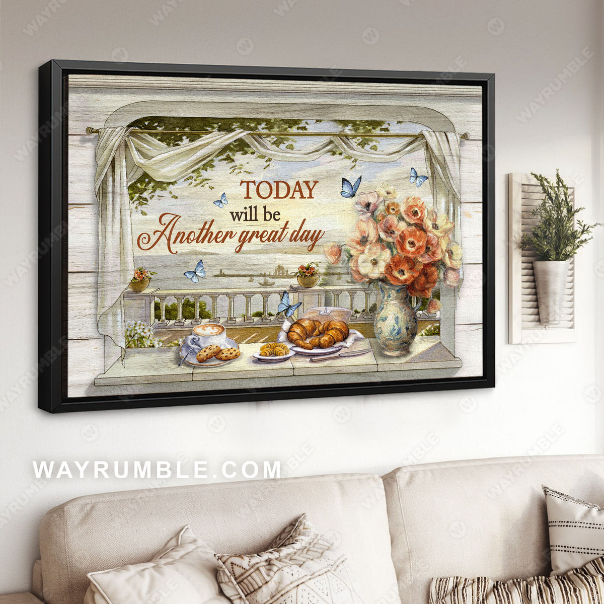 Afternoon tea, Vintage painting, Window view, Sea view painting, Today will be another great day - Jesus Landscape Canvas Prints, Christian Wall Art