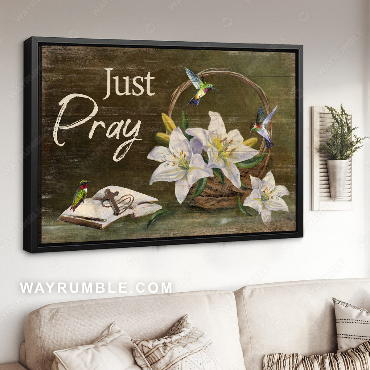 White lily painting, Wooden cross, Bible, Just pray - Jesus Landscape Canvas Prints, Wall Art 