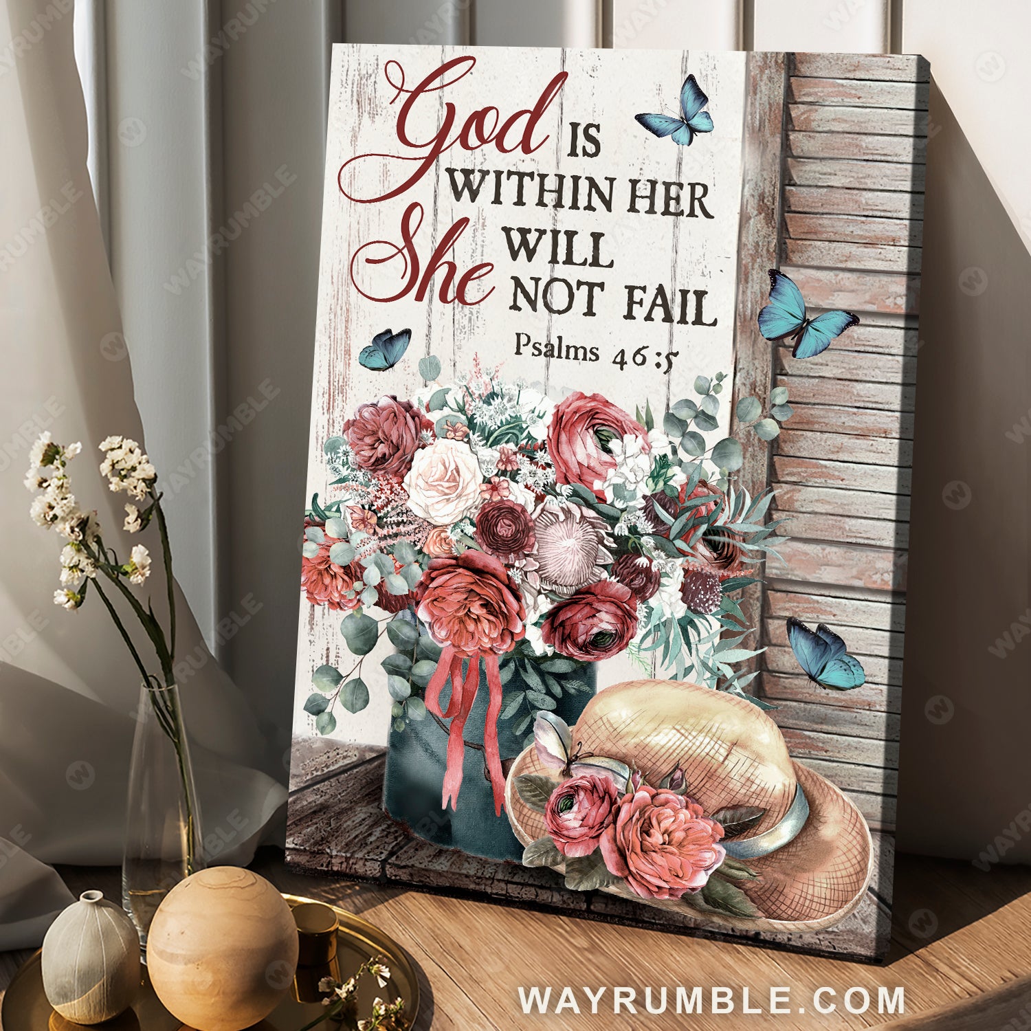 Flower vase, Blue butterfly, Vintage hat, God is within her, She will not fail - Jesus Portrait Canvas Prints, Christian Wall Art