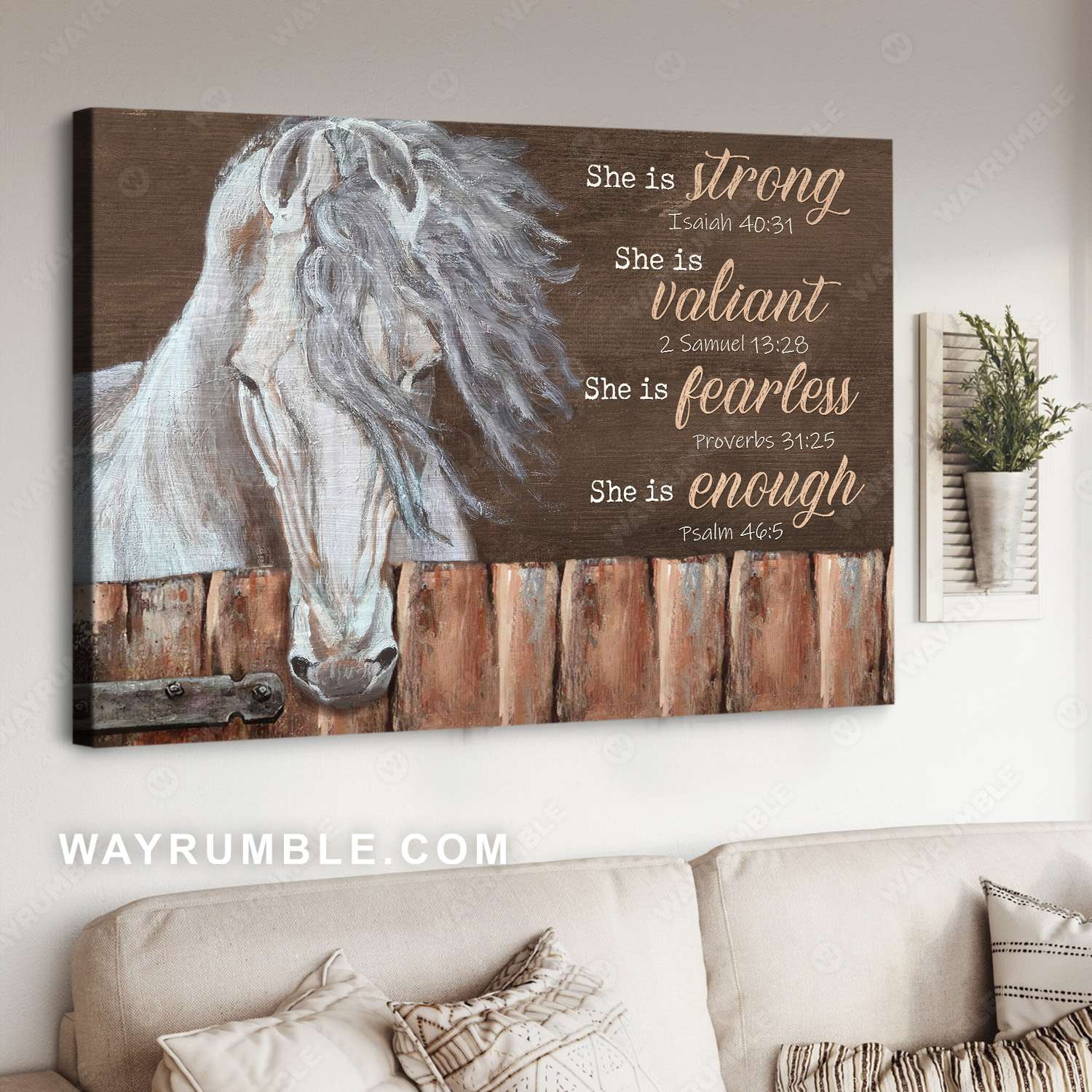 Horse painting, Old stable, Brown background, She is strong - Jesus Landscape Canvas Prints, Christian Wall Art
