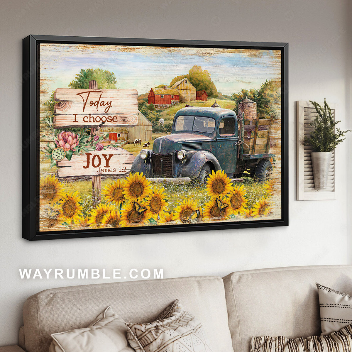 Sunflower garden, Semitruck painting, Summer farm, Today I choose joy - Jesus Landscape Canvas Prints, Christian Wall Art