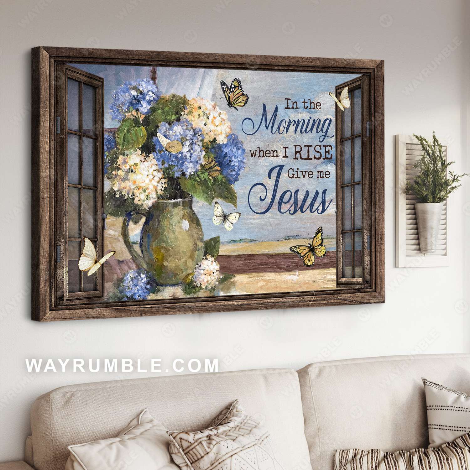 Hydrangea flower, Beautiful butterfly, Window frame, Give me Jesus - Jesus Landscape Canvas Prints, Christian Wall Art