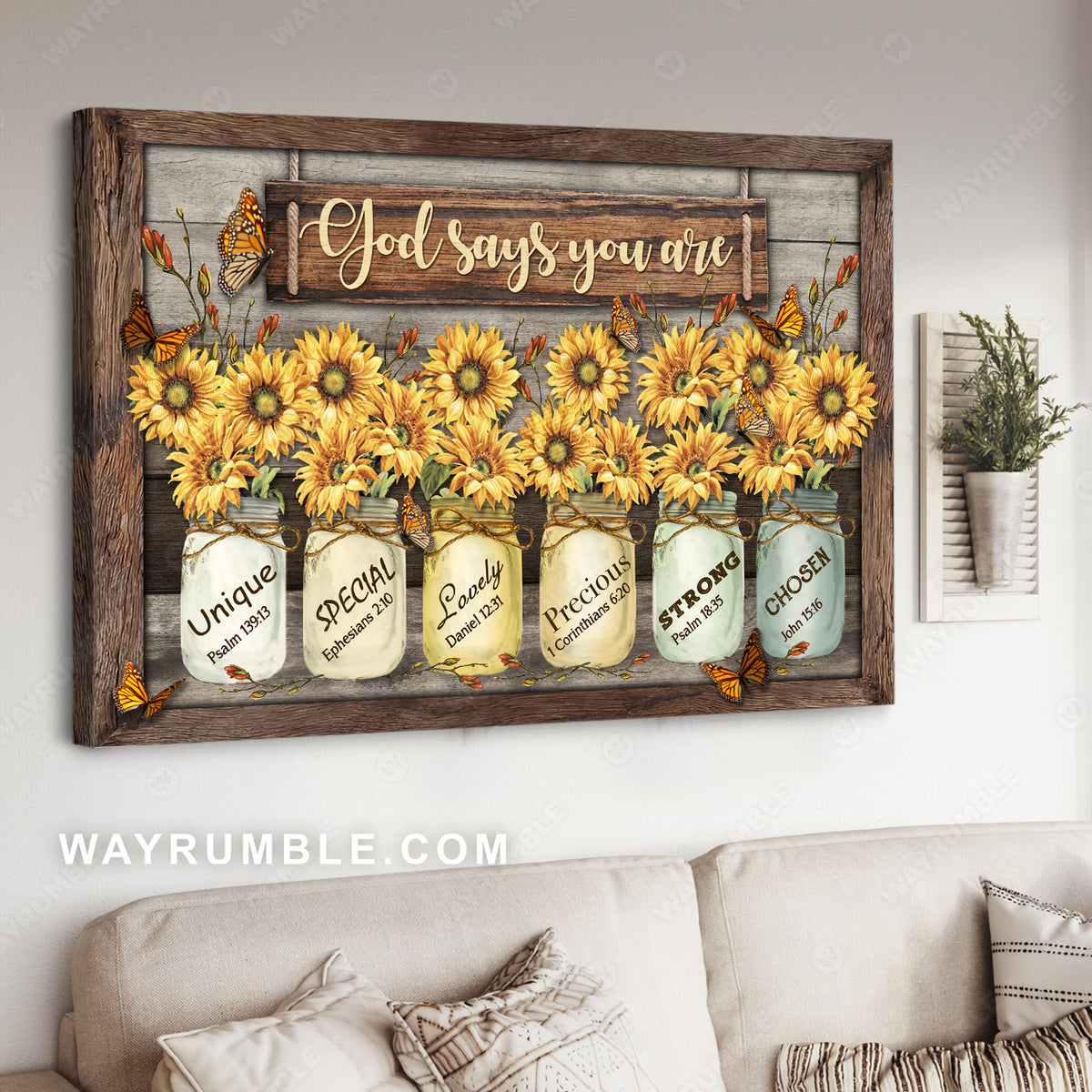 Sunflower jar, Vintage flower, Yellow butterfly, God says you are - Jesus Landscape Canvas Prints, Christian Wall Art