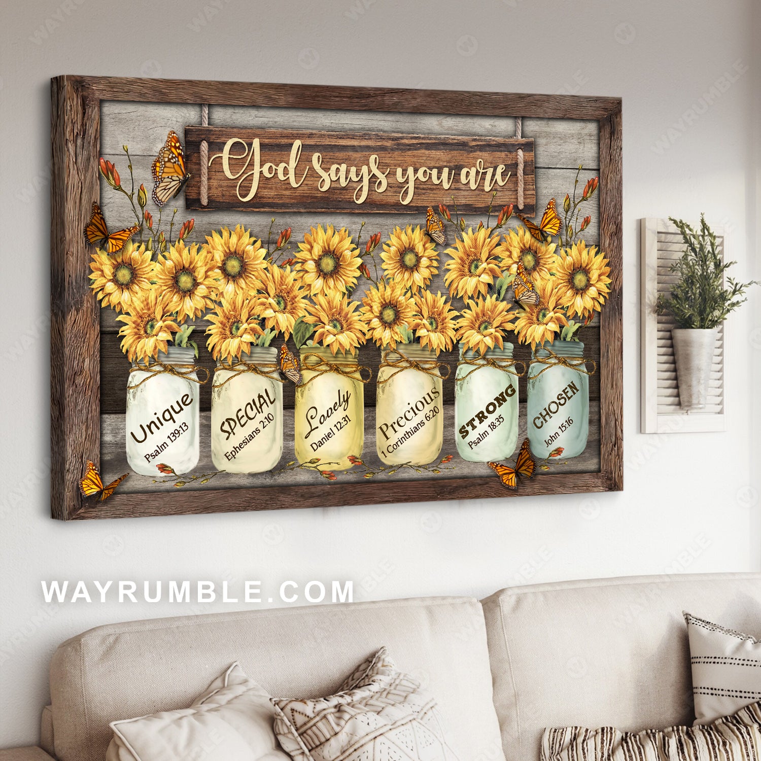 Sunflower jar, Vintage flower, Yellow butterfly, God says you are - Jesus Landscape Canvas Prints, Christian Wall Art