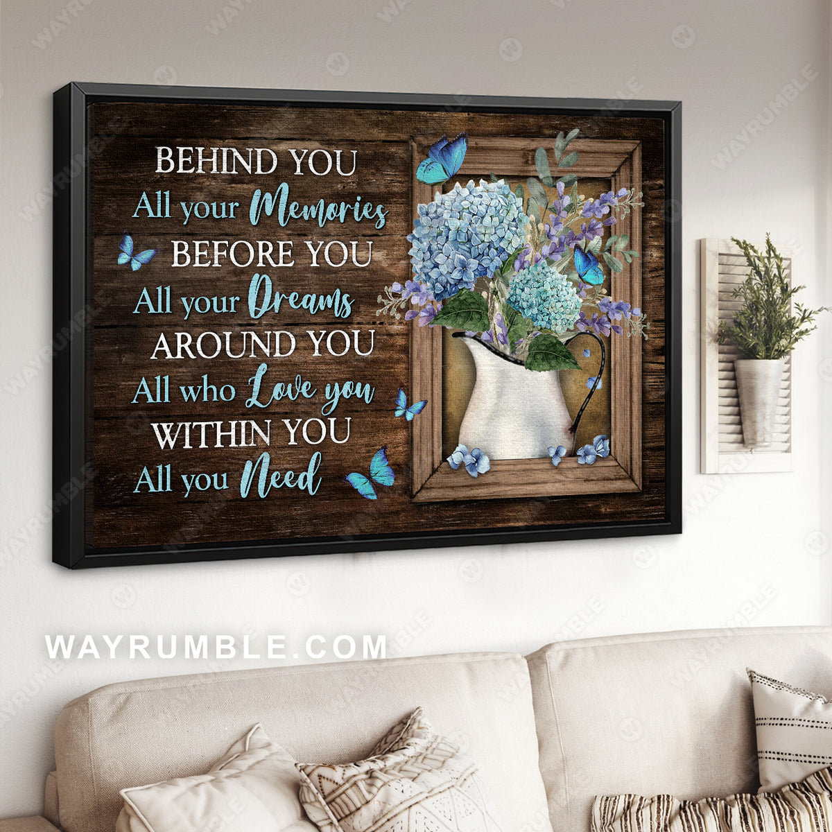 Blue hydrangea, Flower vase, Blue butterfly, Behind you, All your memories - Jesus Landscape Canvas Prints, Christian Wall Art