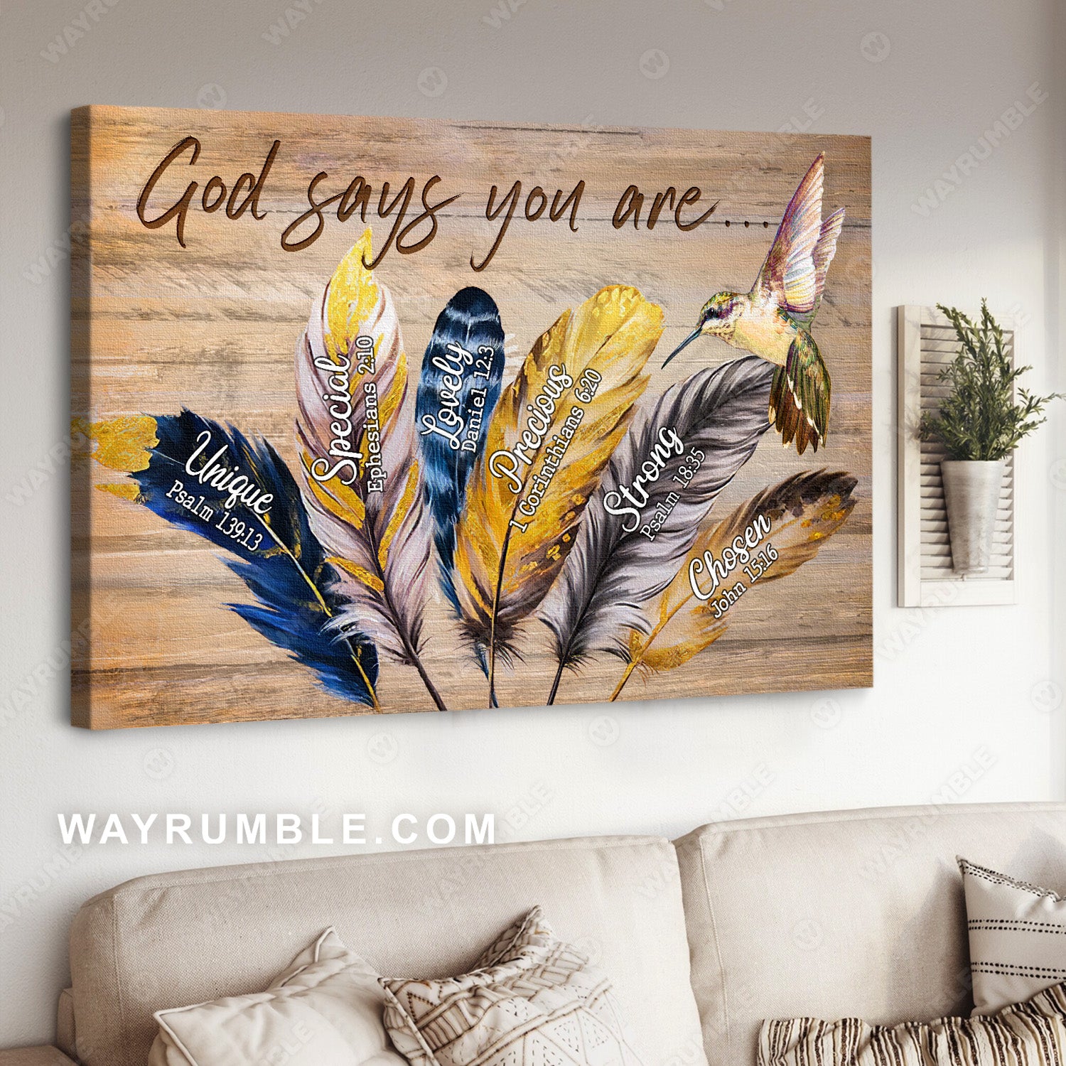 Colorful feather, Hummingbird, God says you are - Jesus Landscape Canvas Prints, Christian Wall Art