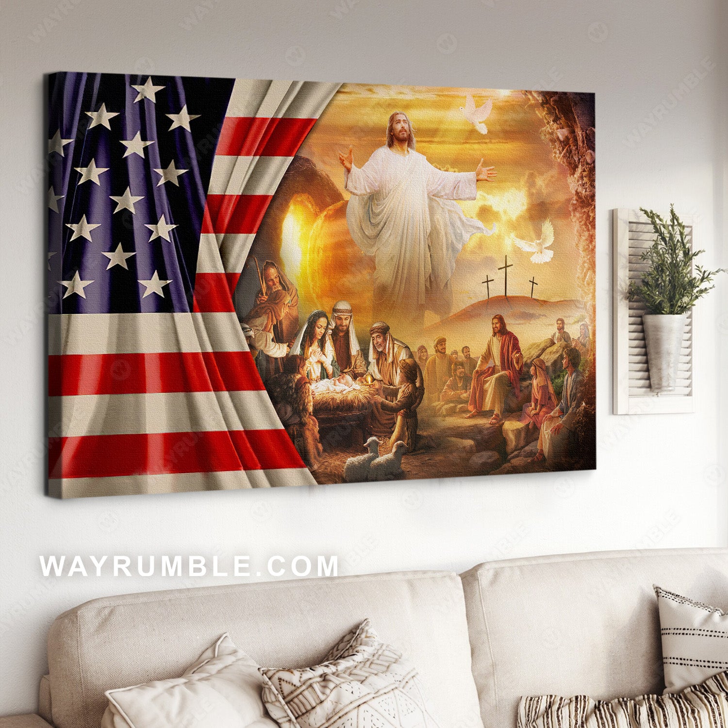 Jesus Christ, Cross symbol, US flag, The Lamb of God, Tomb of Jesus - Jesus Landscape Canvas Prints, Christian Wall Art