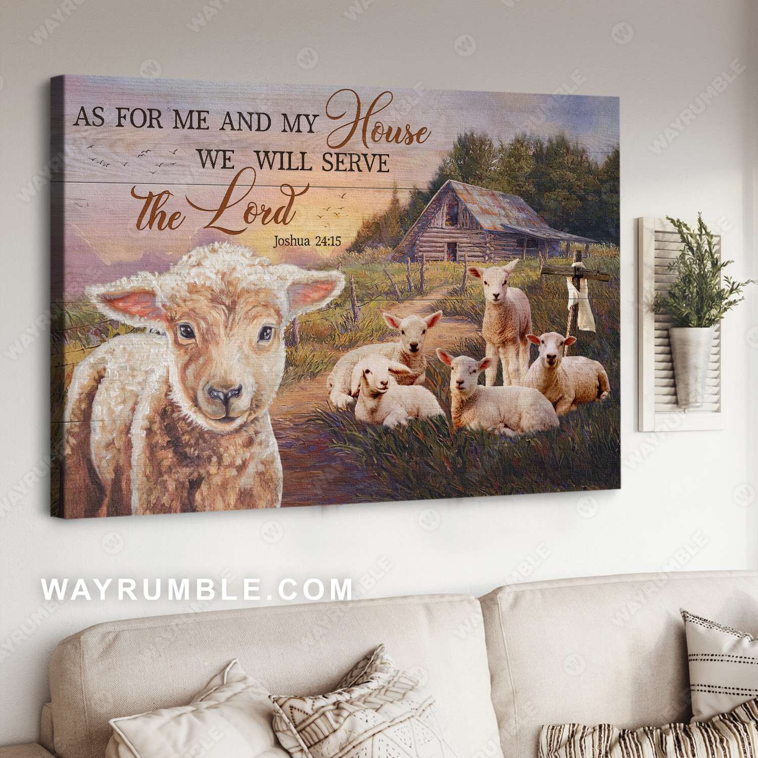 On the peaceful farm, Countryside landscape, Old barn painting, We will serve the Lord, Lambs of God - Jesus Landscape Canvas Prints, Christian Wall Art