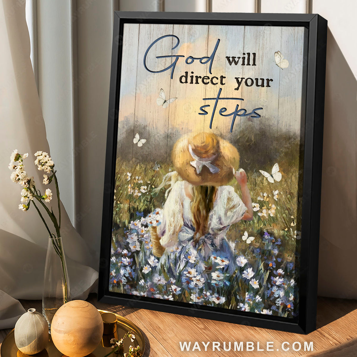 Little girl, Daisy field, Floppy hat, God will direct your steps - Jesus Portrait Canvas Prints, Christian Wall Art