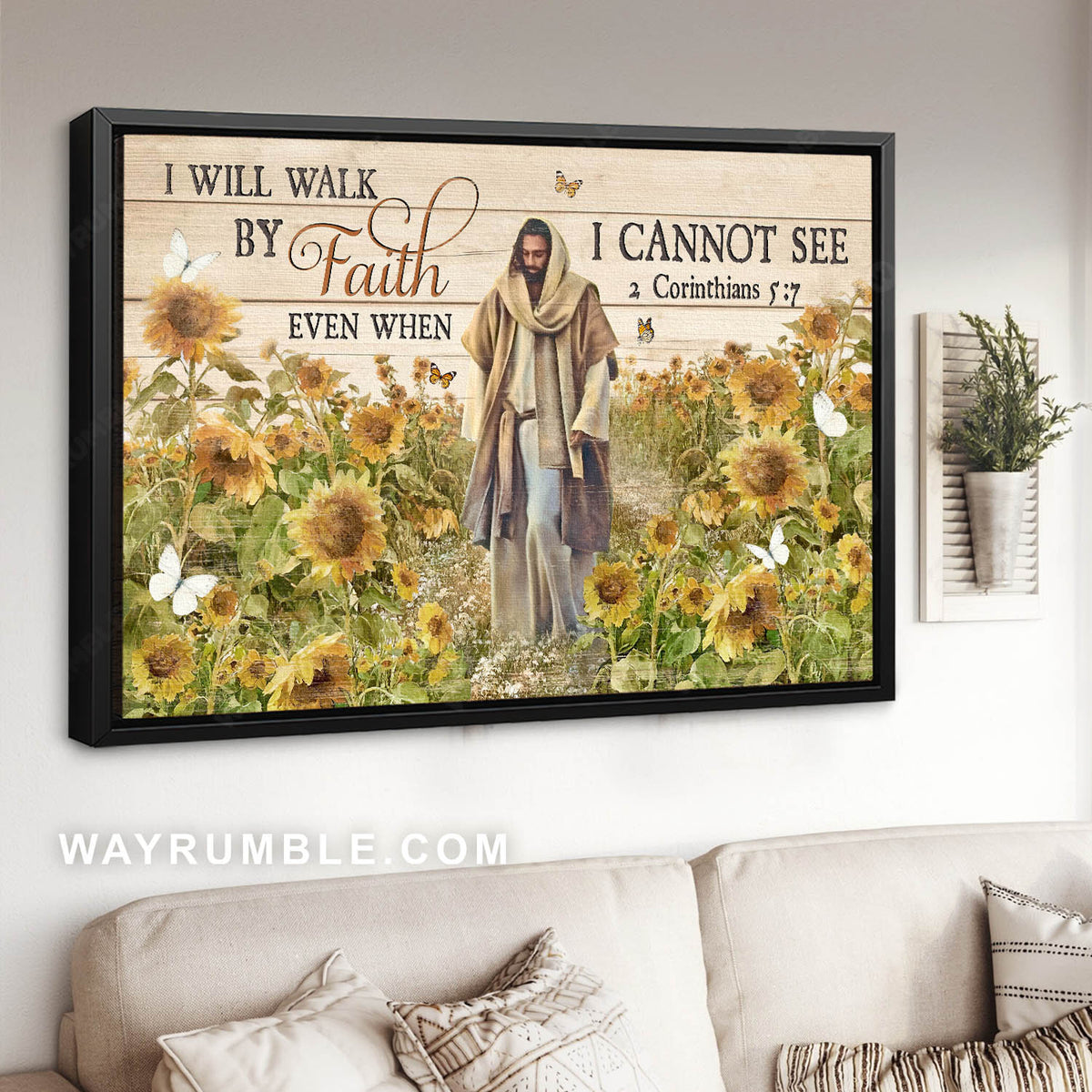 Jesus walking, Sunflower field, I will walk by faith - Jesus Landscape Canvas Prints, Christian Wall Art