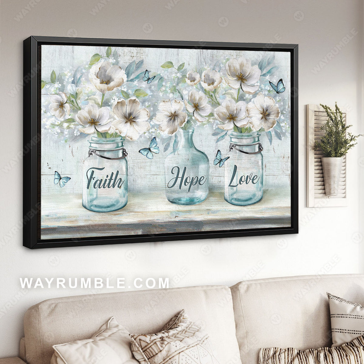 White flower, Flower vase, Blue butterfly, Faith, Hope, Love - Jesus Landscape Canvas Prints, Christian Wall Art