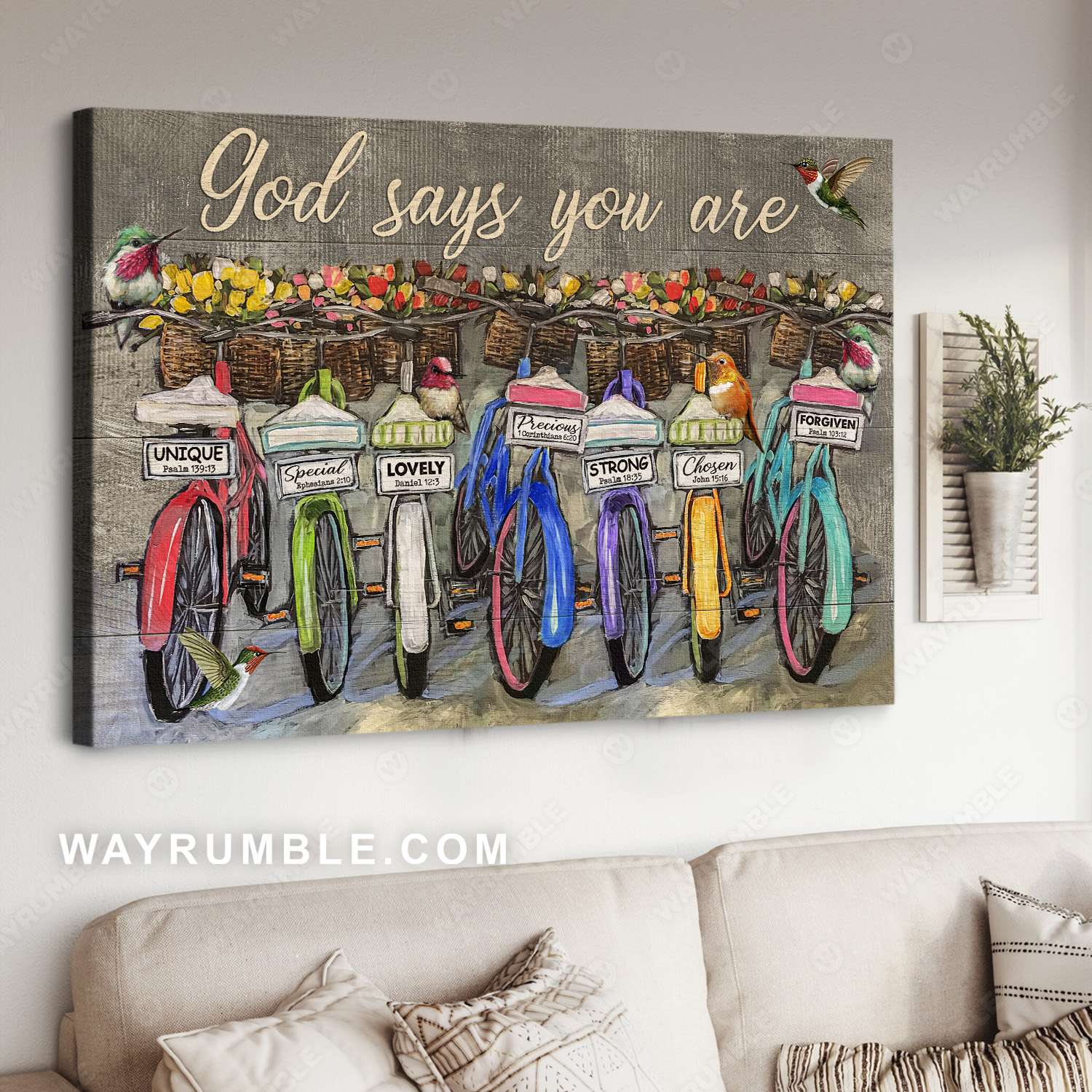 Vintage bike, Tulip flower, Hummingbird, God says you are - Jesus Landscape Canvas Prints, Christian Wall Art