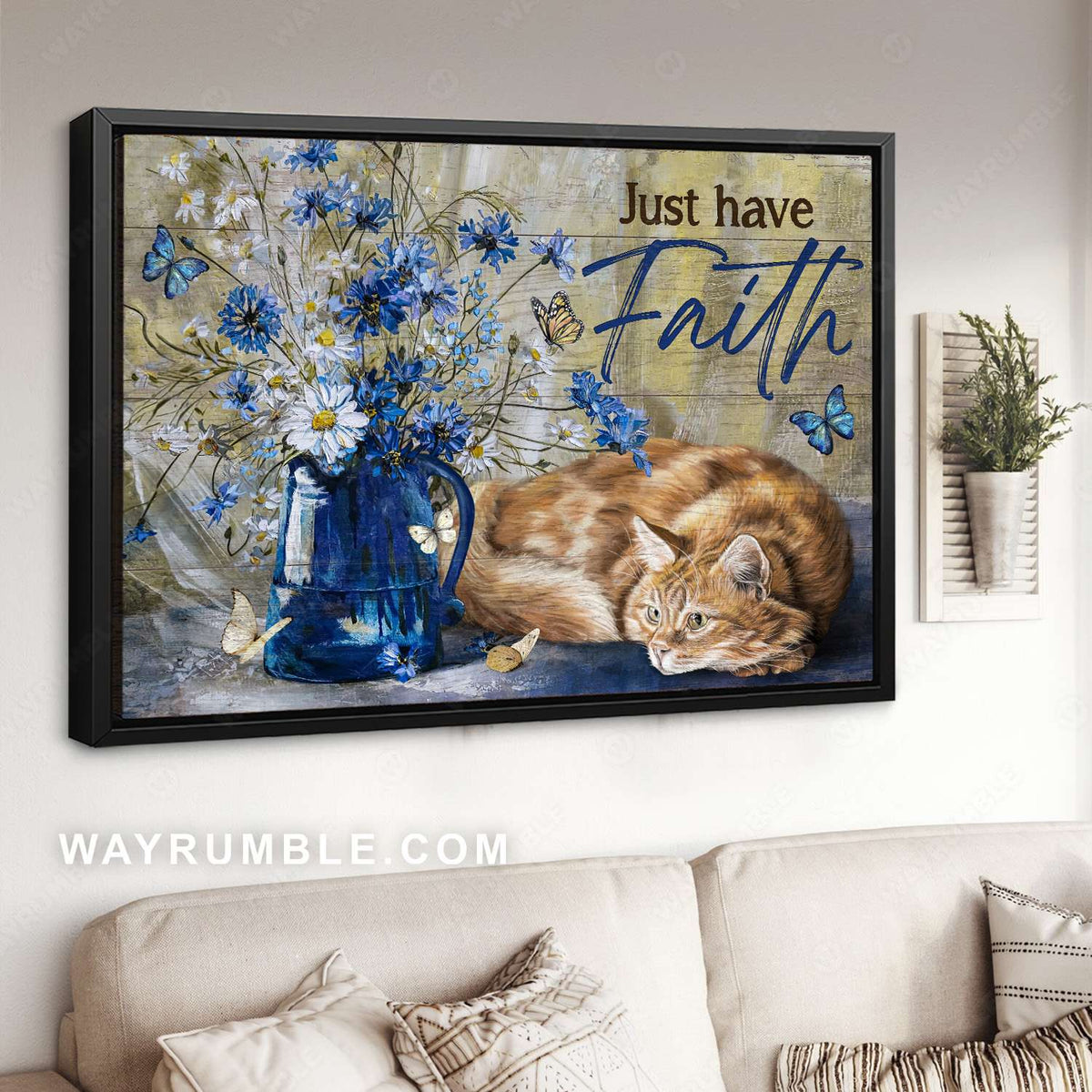 Blue daisy, White daisy, Orange tabby cat, Just have faith - Jesus Landscape Canvas Prints, Christian Wall Art