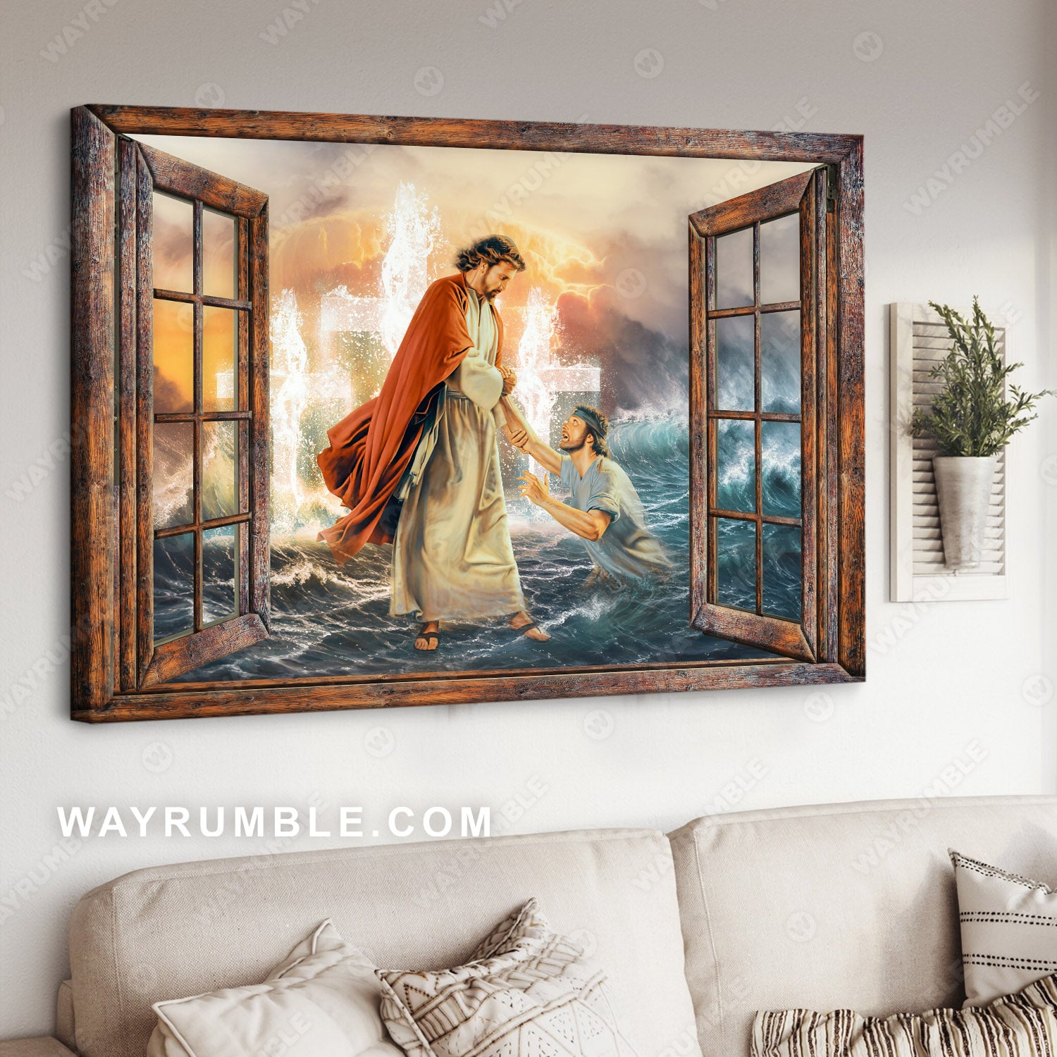 Jesus painting, Ocean storm, Jesus is our savior, Jesus saves the man - Jesus Landscape Canvas Prints, Christian Wall Art