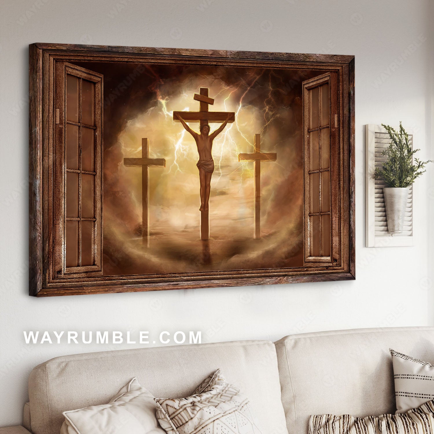 Jesus Christ on the cross, Thunder, Window frame, The life of Jesus - Jesus Landscape Canvas Prints, Christian Wall Art
