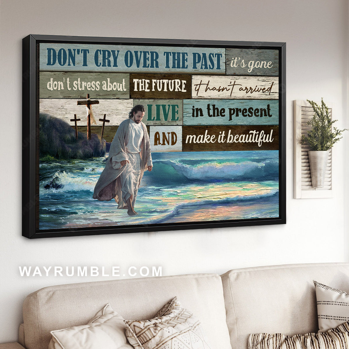 Jesus walking on the water, Cross symbol, Don&#39;t cry over the past - Jesus Landscape Canvas Prints, Christian Wall Art