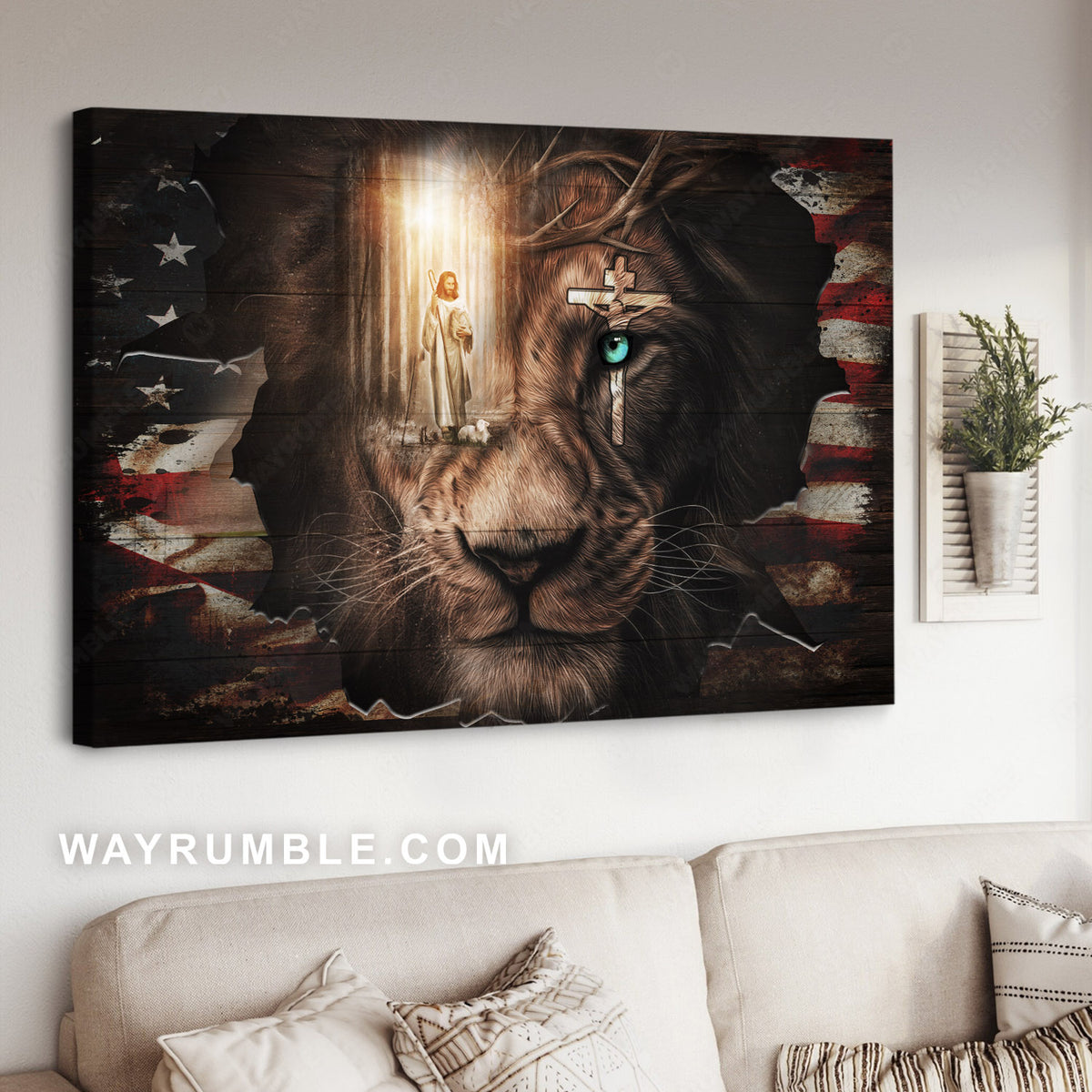 Jesus painting, Lion of Judah, The US Flag, May God bless us all - Jesus Landscape Canvas Prints, Christian Wall Art