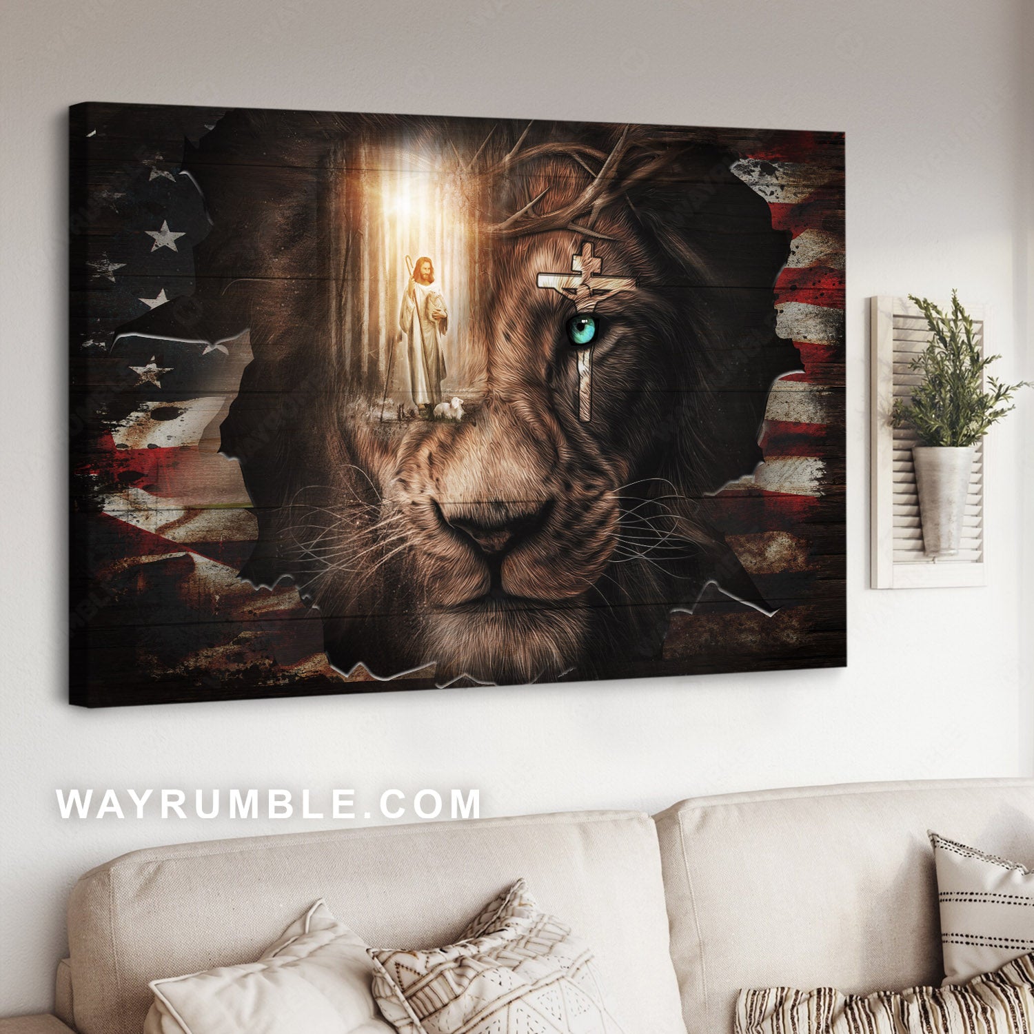 Jesus painting, Lion of Judah, The US Flag, May God bless us all - Jesus Landscape Canvas Prints, Christian Wall Art