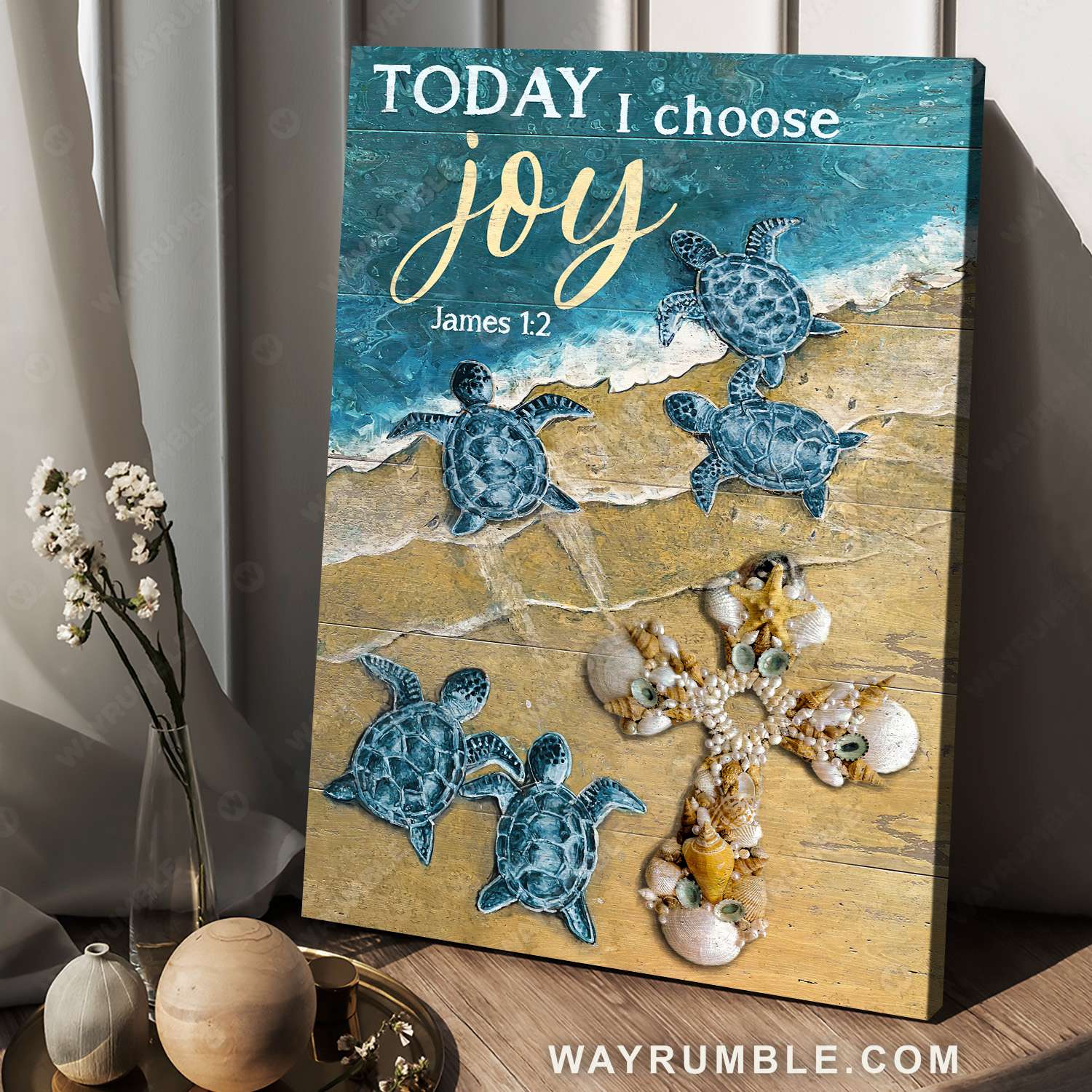 Blue turtle, Cross symbol, Beach painting, Today I choose joy - Jesus Portrait Canvas Prints, Christian Wall Art