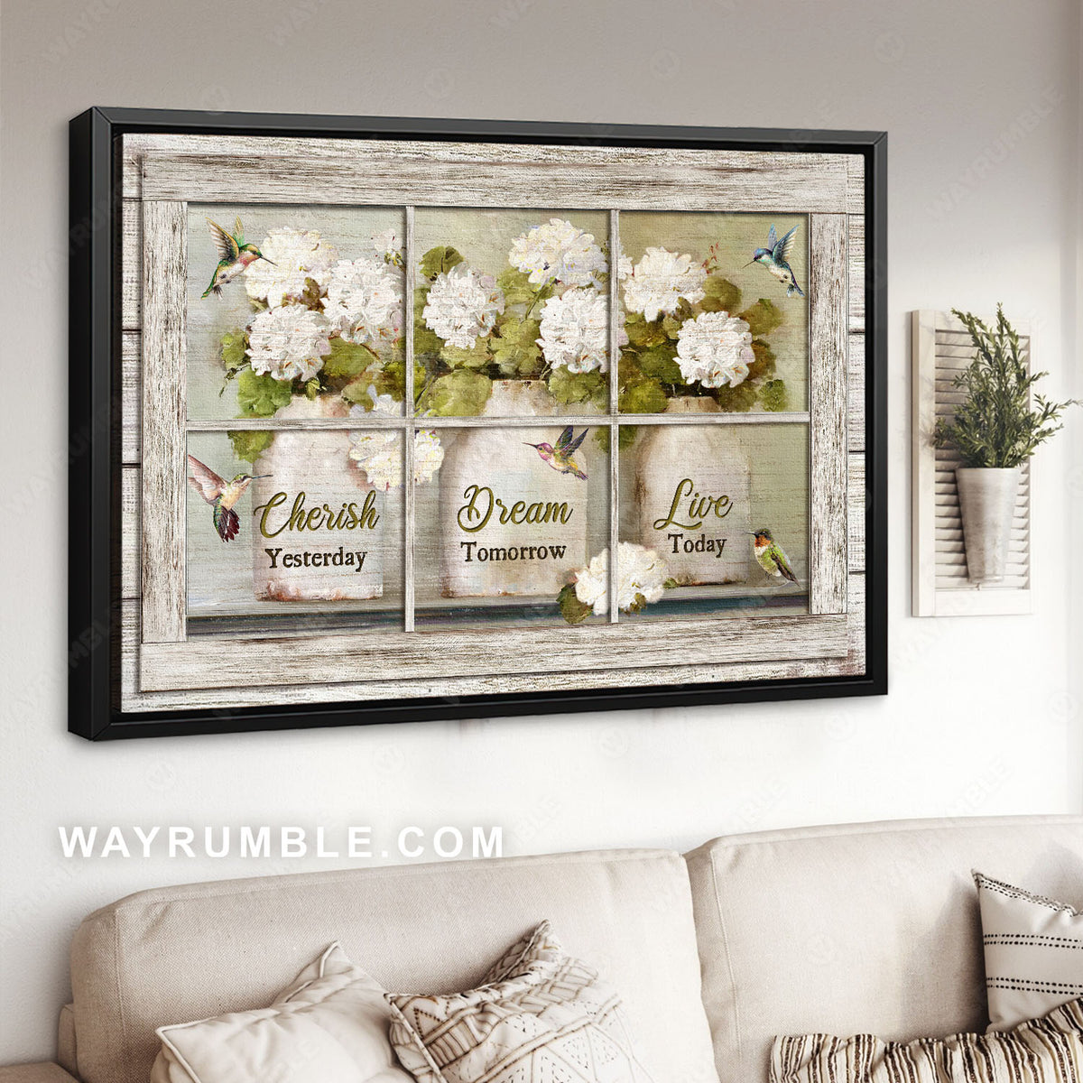 White hydrangea, Colorful hummingbirds, Flower vases, Live today - Jesus Landscape Canvas Prints, Christian Wall Art